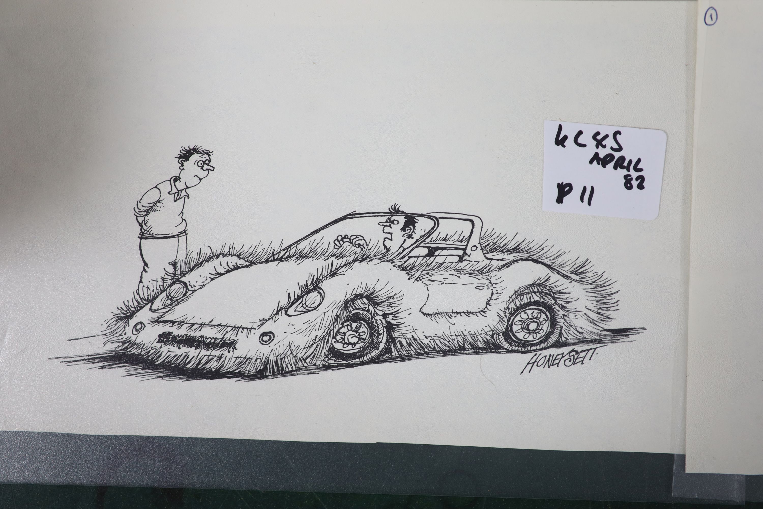 Martin Honeysett (b.1943-), five original cartoons, Tx Tripper, 'Old Volks..' (Kitcars June 82), Jaguar Mk2, fluffy car (Kitcars April 82) and small engine, signed, 20.5 x 30cm, unframed.